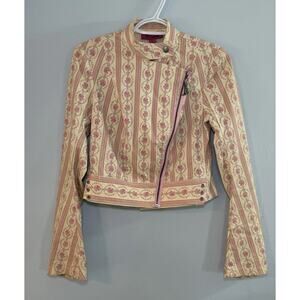 Betseyville Floral Striped Moto Jacket 6 Cropped Pink Cream Asymmetrical Zip